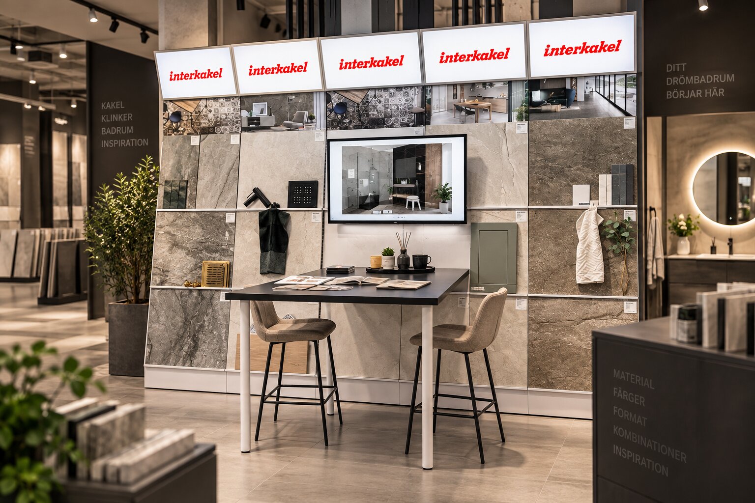 Interkakel inspirationsställ för badrumsplanering och materialval
