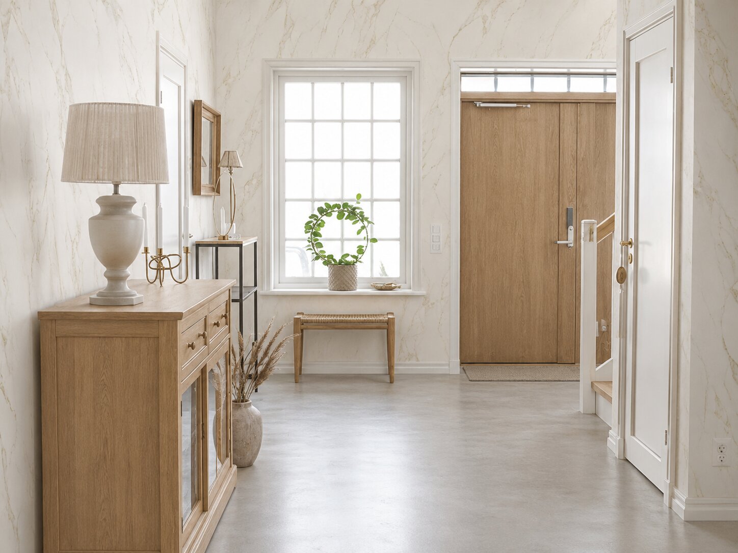 Calacatta Gold SPC-väggpanel monterad i hall